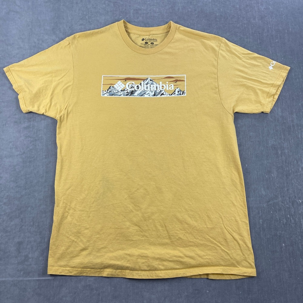 Columbia Mens Large Yellow T-Shirt Mountain Graphic Short Sleeve Cotton Tee